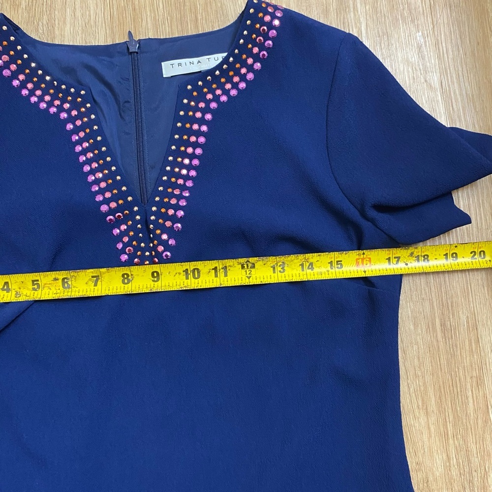 Trina Turk Navy Mini Dress with Pink & White Beaded V-Neckline - Picture 7 of 8
